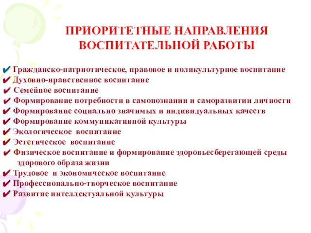 ПРИОРИТЕТНЫЕ НАПРАВЛЕНИЯ ВОСПИТАТЕЛЬНОЙ РАБОТЫ Гражданско-патриотическое, правовое и поликультурное воспитание Духовно-нравственное воспитание Семейное