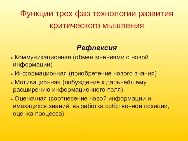 Функции трех фаз технологии развития критического мышления Рефлексия Коммуникационная (обмен мнениями о