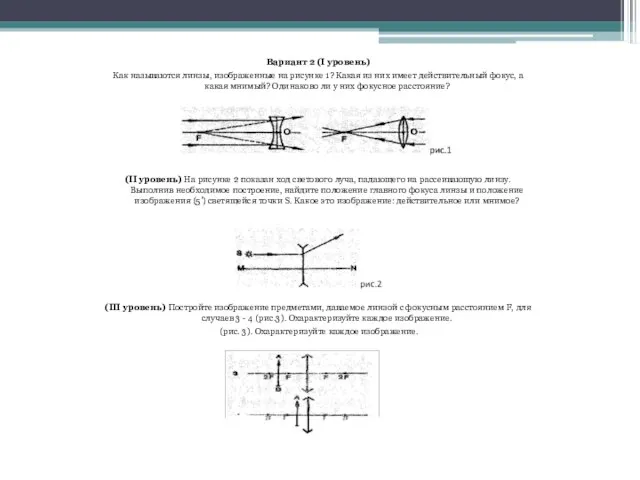Вариант 2 (I уровень) Как называются линзы, изображенные на рисунке 1? Какая
