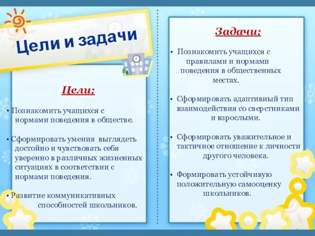 Цели и задачи Цели: Познакомить учащихся с нормами поведения в обществе. Сформировать