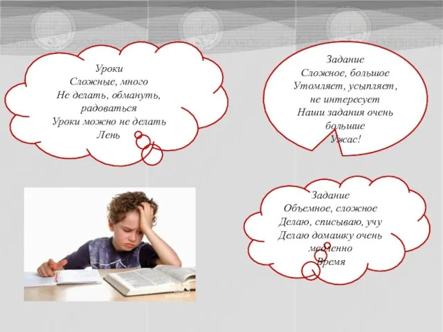 Уроки Сложные, много Не делать, обмануть, радоваться Уроки можно не делать Лень