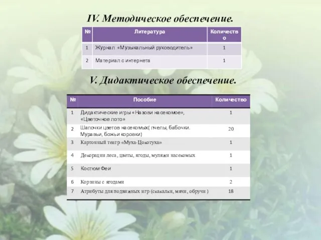 IV. Методическое обеспечение. V. Дидактическое обеспечение.