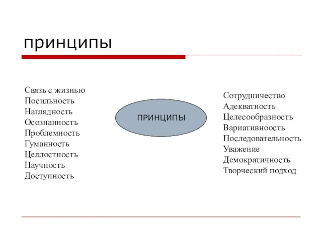 принципы ПРИНЦИПЫ Связь с жизнью Посильность Наглядность Осознанность Проблемность Гуманность Целлостность Научность