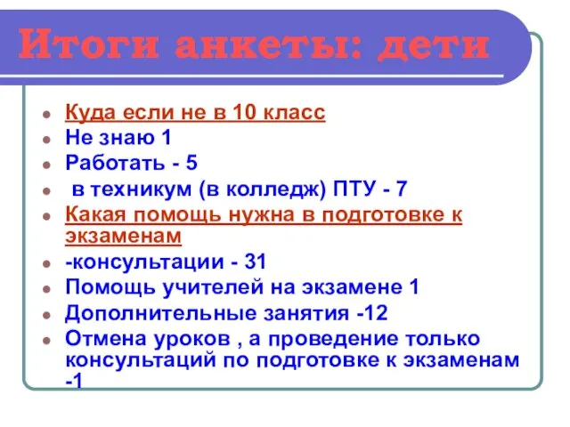 Итоги анкеты: дети Куда если не в 10 класс Не знаю 1