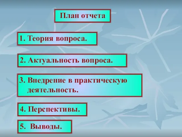 План отчета 1. Теория вопроса. 2. Актуальность вопроса. 3. Внедрение в практическую