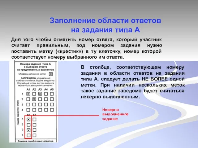 Заполнение области ответов на задания типа А Для того чтобы отметить номер