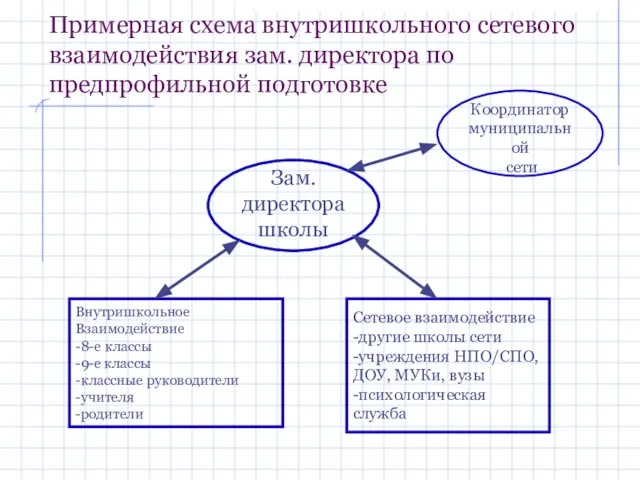 Примерная схема внутришкольного сетевого взаимодействия зам. директора по предпрофильной подготовке Координатор муниципальной