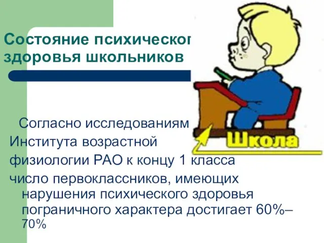 Состояние психического здоровья школьников Согласно исследованиям Института возрастной физиологии РАО к концу