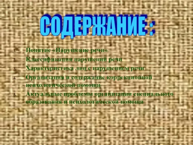 Понятие «Нарушение речи» Классификация нарушений речи Характеристика лиц с нарушением речи Организация