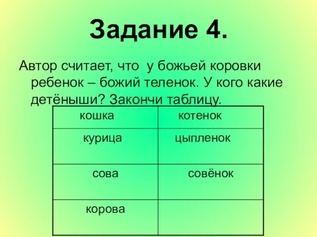 Задание 4. Автор считает, что у божьей коровки ребенок – божий теленок.