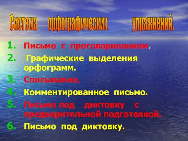 Письмо с проговариванием. Графические выделения орфограмм. Списывание. Комментированное письмо. Письмо под диктовку