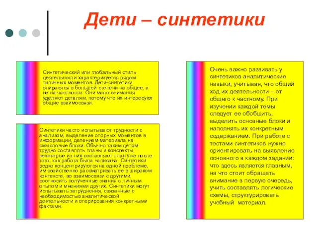 Дети – синтетики Синтетический или глобальный стиль деятельности характеризуется рядом типичных моментов.