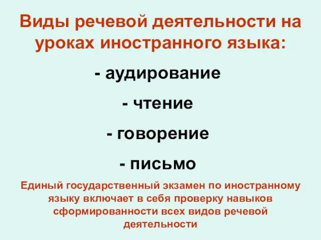 Виды речевой деятельности на уроках иностранного языка: аудирование чтение говорение письмо Единый