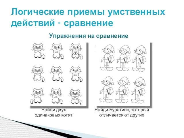 Логические приемы умственных действий - сравнение Найди двух одинаковых котят Найди Буратино,