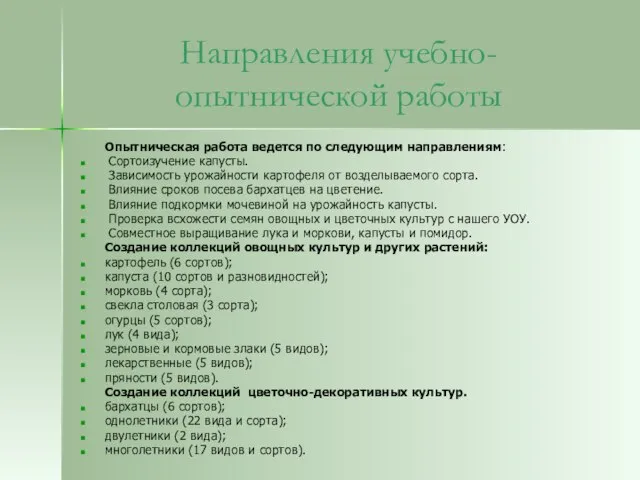 Направления учебно-опытнической работы Опытническая работа ведется по следующим направлениям: Сортоизучение капусты. Зависимость