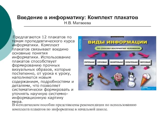 Введение в информатику: Комплект плакатов Н.В. Матвеева Предлагаются 12 плакатов по темам