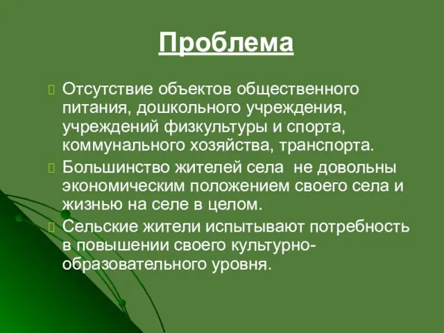 Проблема Отсутствие объектов общественного питания, дошкольного учреждения, учреждений физкультуры и спорта, коммунального