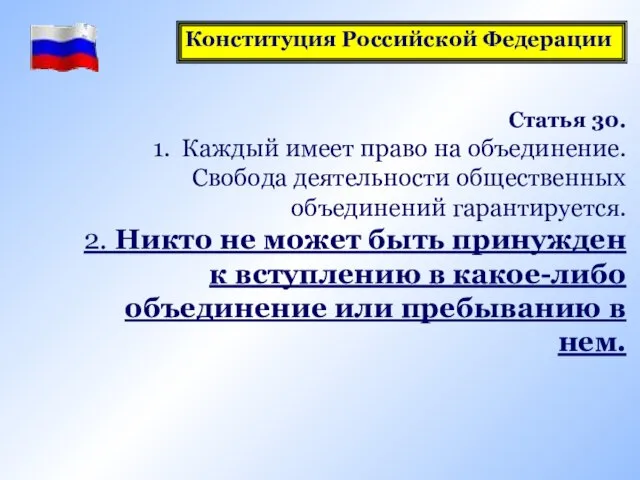 Статья 30. Каждый имеет право на объединение. Свобода деятельности общественных объединений гарантируется.