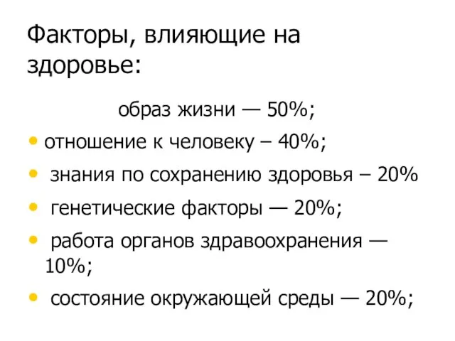 Факторы, влияющие на здоровье: образ жизни — 50%; отношение к человеку –