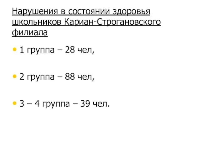 Нарушения в состоянии здоровья школьников Кариан-Строгановского филиала 1 группа – 28 чел,