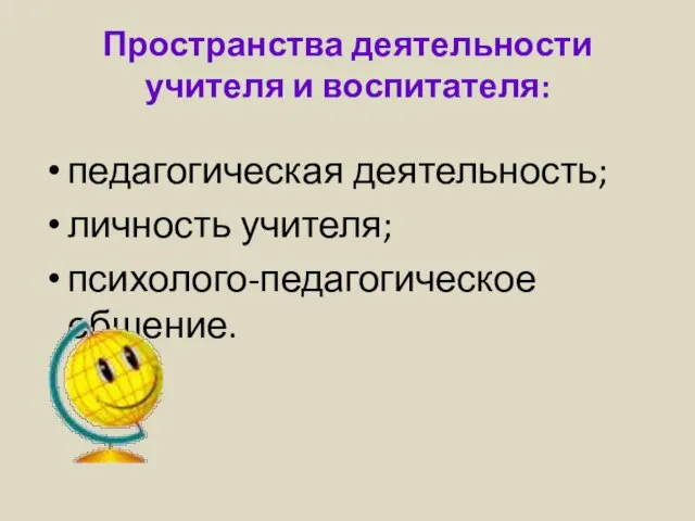 Пространства деятельности учителя и воспитателя: педагогическая деятельность; личность учителя; психолого-педагогическое общение.