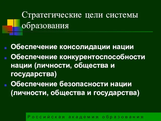 Стратегические цели системы образования Обеспечение консолидации нации Обеспечение конкурентоспособности нации (личности, общества