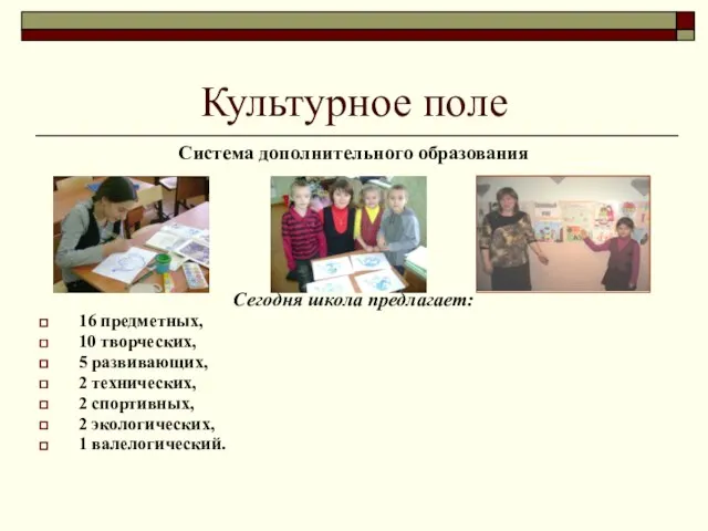 Культурное поле Система дополнительного образования Сегодня школа предлагает: 16 предметных, 10 творческих,