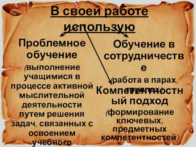 В своей работе использую Проблемное обучение (выполнение учащимися в процессе активной мыслительной