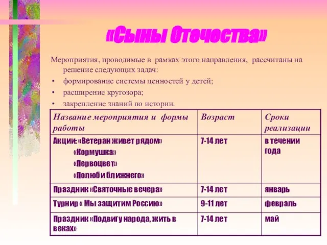 «Сыны Отечества» Мероприятия, проводимые в рамках этого направления, рассчитаны на решение следующих