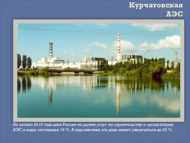 Курчатовская АЭС На начало 2010 года доля России на рынке услуг по