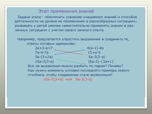 Этап применения знаний Задачи этапа - обеспечить усвоение учащимися знаний и способов