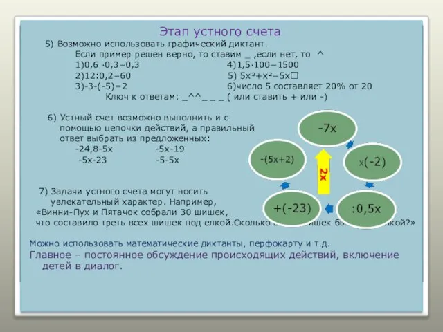 Этап устного счета 5) Возможно использовать графический диктант. Если пример решен верно,