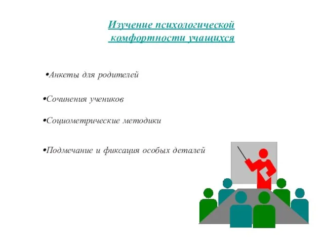 Изучение психологической комфортности учащихся Анкеты для родителей Сочинения учеников Социометрические методики Подмечание и фиксация особых деталей