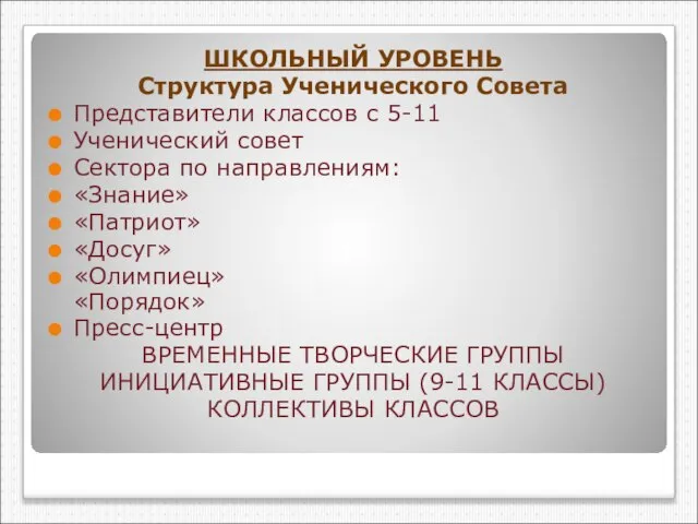 ШКОЛЬНЫЙ УРОВЕНЬ Структура Ученического Совета Представители классов с 5-11 Ученический совет Сектора