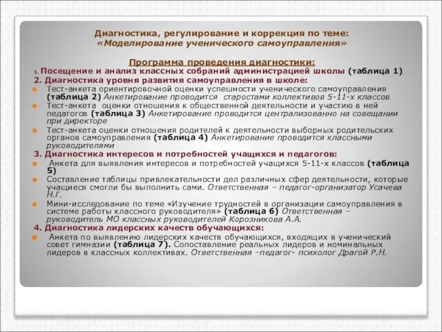 Диагностика, регулирование и коррекция по теме: «Моделирование ученического самоуправления» Программа проведения диагностики: