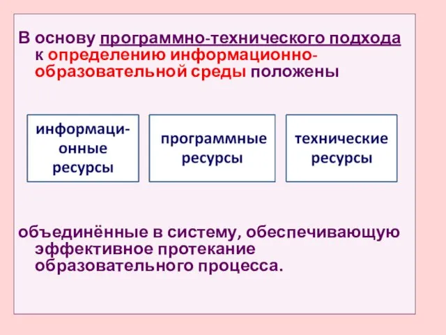 В основу программно-технического подхода к определению информационно-образовательной среды положены объединённые в систему,