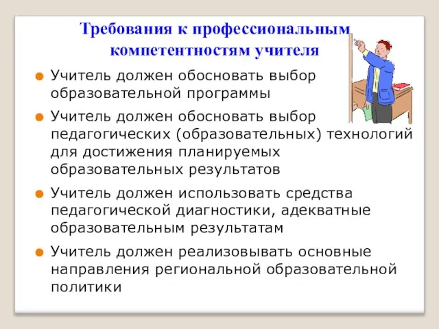 Требования к профессиональным компетентностям учителя Учитель должен обосновать выбор образовательной программы Учитель