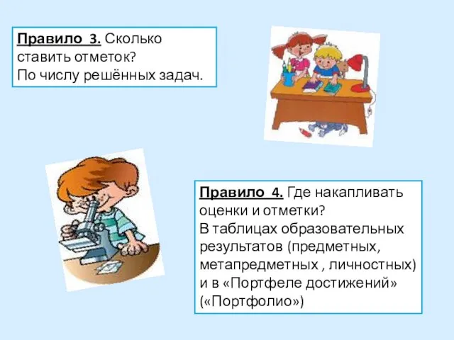 Правило 3. Сколько ставить отметок? По числу решённых задач. Правило 4. Где