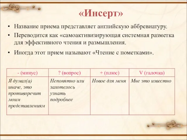 «Инсерт» Название приема представляет английскую аббревиатуру. Переводится как «самоактивизирующая системная разметка для