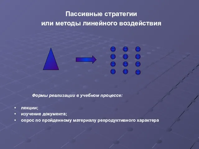 Пассивные стратегии или методы линейного воздействия Формы реализации в учебном процессе: лекции;