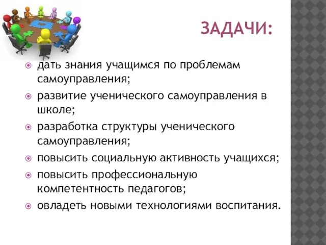 задачи: дать знания учащимся по проблемам самоуправления; развитие ученического самоуправления в школе;