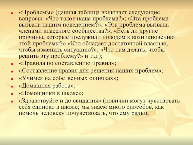 «Проблемы» (данная таблица включает следующие вопросы: «Что такое наша проблема?»; «Эта проблема