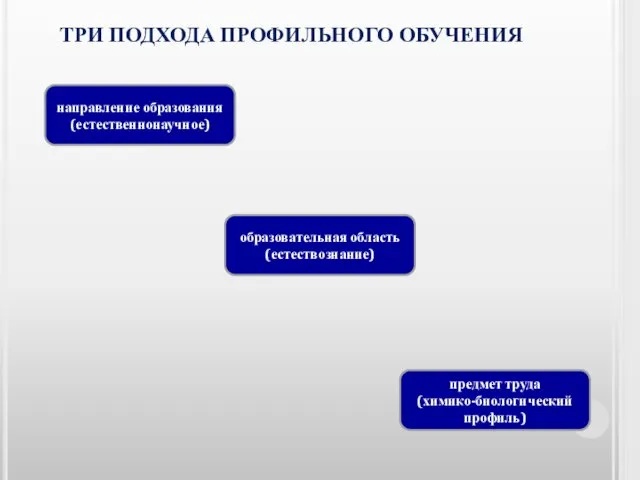 ТРИ ПОДХОДА ПРОФИЛЬНОГО ОБУЧЕНИЯ направление образования (естественнонаучное) образовательная область (естествознание) предмет труда (химико-биологический профиль)