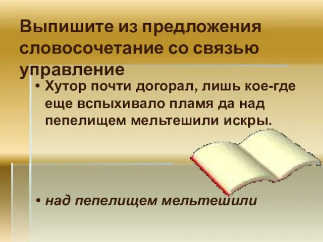 Выпишите из предложения словосочетание со связью управление Хутор почти догорал, лишь кое-где