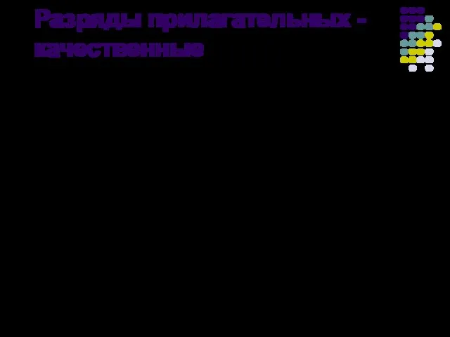 Разряды прилагательных - качественные Качественные (отвечают на вопрос «какой?») Образуют формы степеней