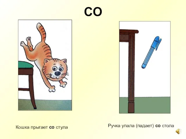 СО Кошка прыгает со стула Ручка упала (падает) со стола