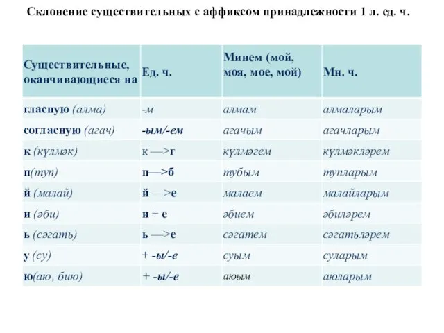 Склонение существительных с аффиксом принадлежности 1 л. ед. ч.