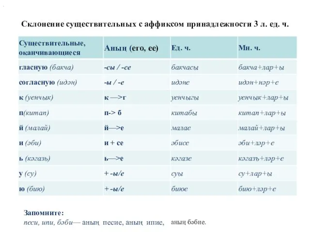 Склонение существительных с аффиксом принадлежности 3 л. ед. ч. . Запомните: песи,