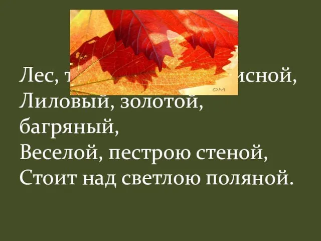 Лес, точно терем расписной, Лиловый, золотой, багряный, Веселой, пестрою стеной, Стоит над светлою поляной.