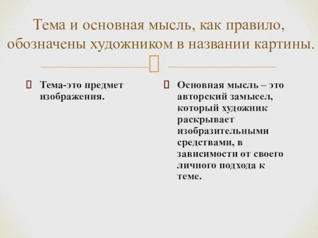 Тема и основная мысль, как правило, обозначены художником в названии картины. Тема-это